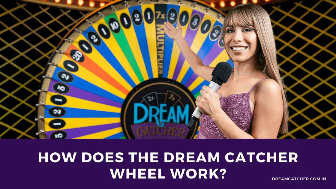 Smiling female host pointing at the Dream Catcher wheel game
